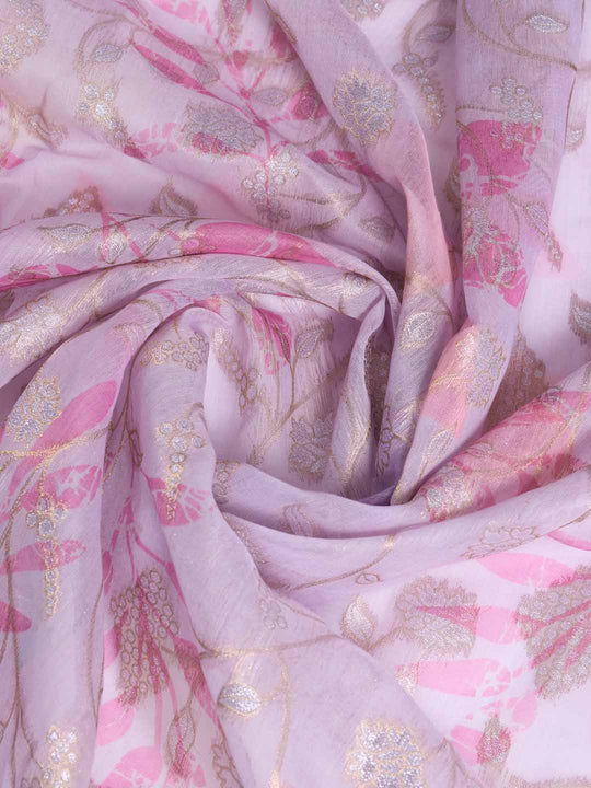 Pink Pure Cotton Double Zari Woven Banarasi Printed With Blouse Piece