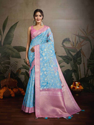 Blue Pure Cotton Double Zari Woven Banarasi Printed With Blouse Piece