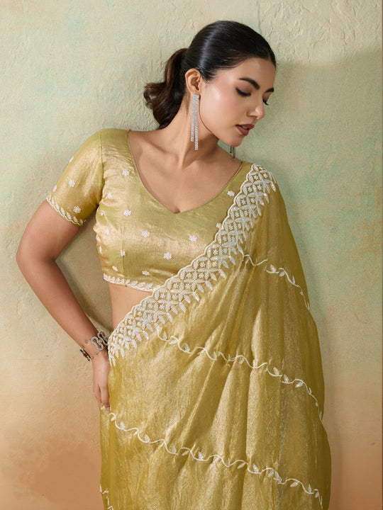 Velvet Chiffon With Tensile White Thread & Sequins Embroidery | C Pallu | Leheriya Pattern Embroidery Throughout The Saree
