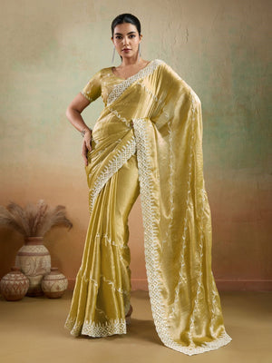 Velvet Chiffon With Tensile White Thread & Sequins Embroidery | C Pallu | Leheriya Pattern Embroidery Throughout The Saree