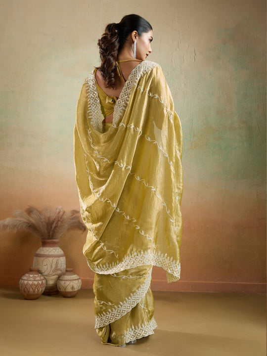Velvet Chiffon With Tensile White Thread & Sequins Embroidery | C Pallu | Leheriya Pattern Embroidery Throughout The Saree