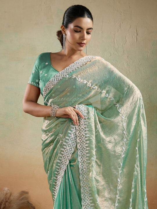 Velvet Chiffon With Tensile White Thread & Sequins Embroidery | C Pallu | Leheriya Pattern Embroidery Throughout The Saree