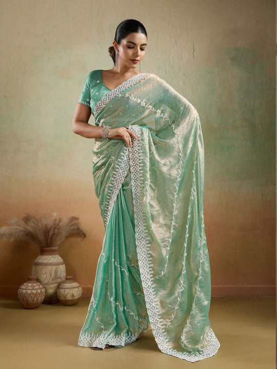 Velvet Chiffon With Tensile White Thread & Sequins Embroidery | C Pallu | Leheriya Pattern Embroidery Throughout The Saree