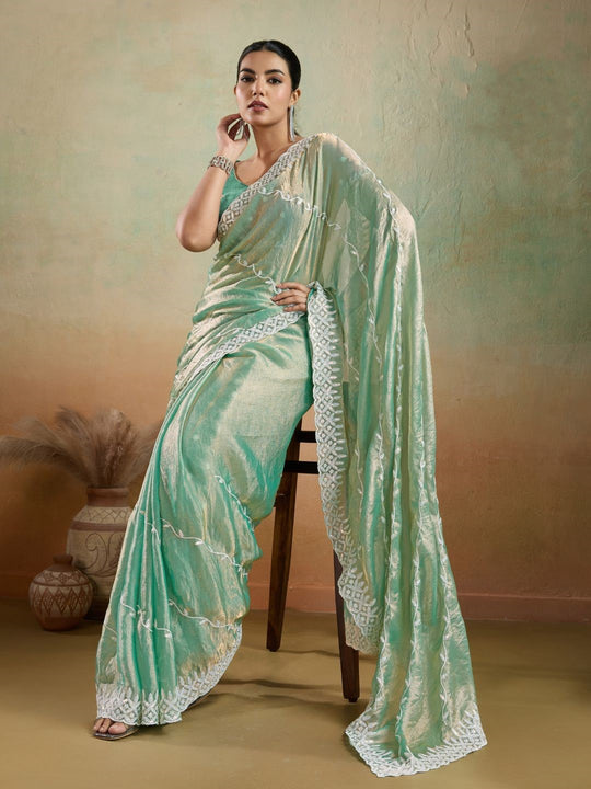 Velvet Chiffon With Tensile White Thread & Sequins Embroidery | C Pallu | Leheriya Pattern Embroidery Throughout The Saree