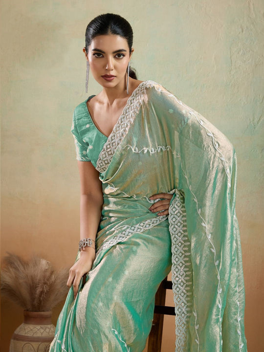 Velvet Chiffon With Tensile White Thread & Sequins Embroidery | C Pallu | Leheriya Pattern Embroidery Throughout The Saree