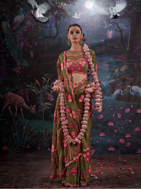 Gold Simmer Multi Thread Work Embroidered Saree