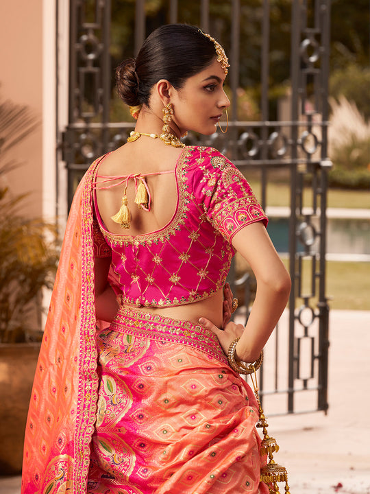 ORANGE BANARASI SILK WITH ZARKAN CODDING WORK  LEHENGA CHOLI