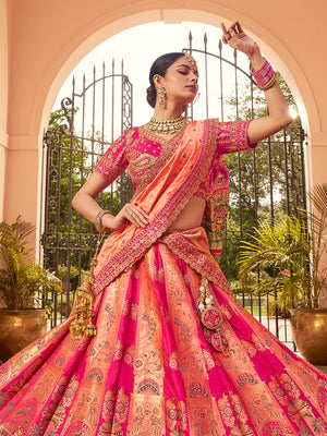 ORANGE BANARASI SILK WITH ZARKAN CODDING WORK  LEHENGA CHOLI