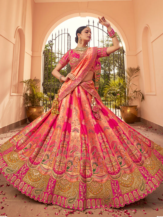 ORANGE BANARASI SILK WITH ZARKAN CODDING WORK  LEHENGA CHOLI