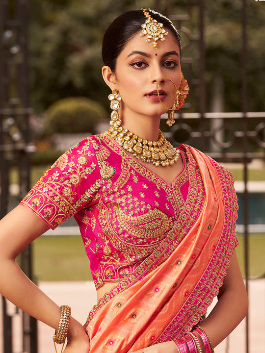 ORANGE BANARASI SILK WITH ZARKAN CODDING WORK  LEHENGA CHOLI