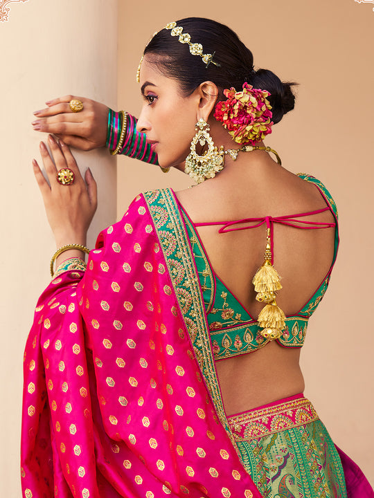 MULTICOLOR BANARASI SILK WITH ZARKAN CODDING WORK  LEHENGA CHOLI