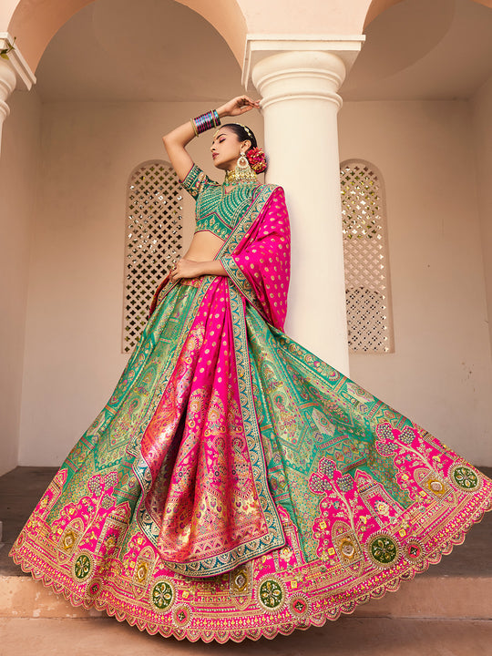 MULTICOLOR BANARASI SILK WITH ZARKAN CODDING WORK  LEHENGA CHOLI