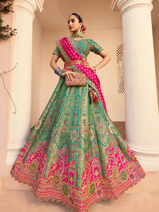 MULTICOLOR BANARASI SILK WITH ZARKAN CODDING WORK  LEHENGA CHOLI
