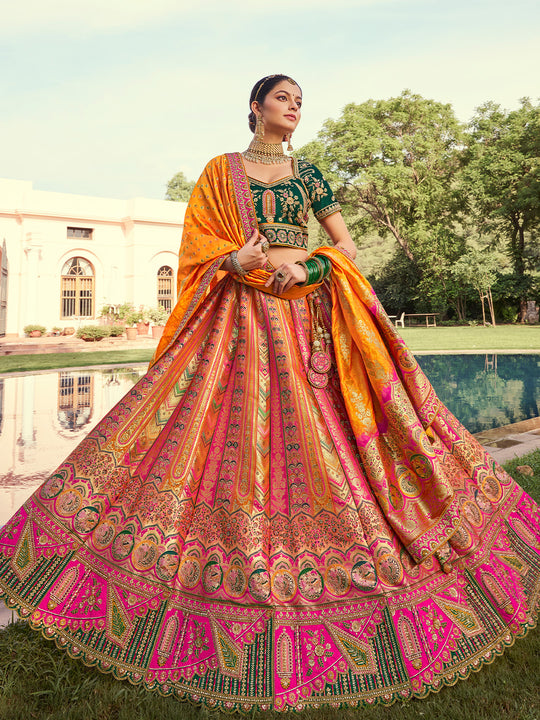 MULTICOLOR BANARASI SILK WITH ZARKAN CODDING WORK  LEHENGA CHOLI