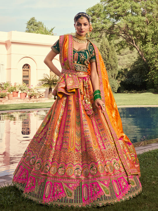 MULTICOLOR BANARASI SILK WITH ZARKAN CODDING WORK  LEHENGA CHOLI