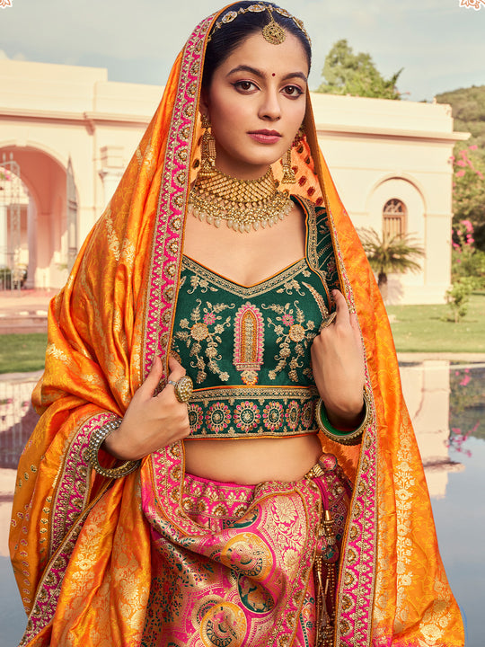 MULTICOLOR BANARASI SILK WITH ZARKAN CODDING WORK  LEHENGA CHOLI