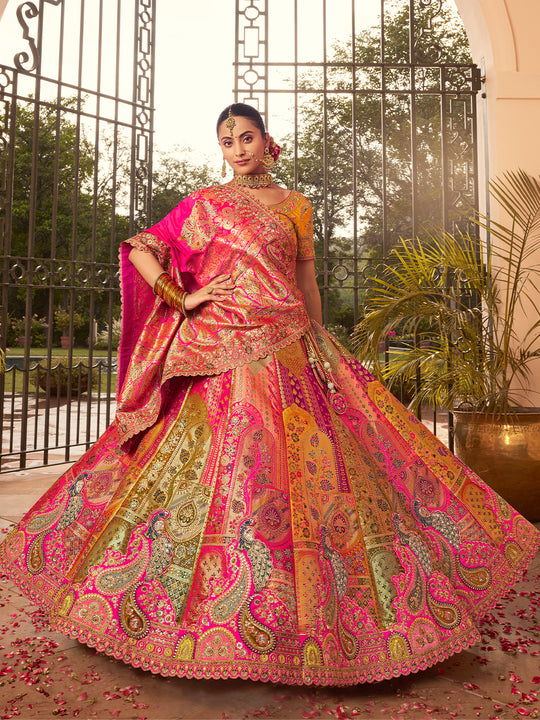 PINK BANARASI SILK WITH ZARKAN CODDING WORK  LEHENGA CHOLI