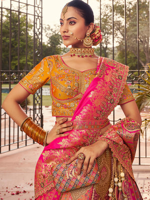 PINK BANARASI SILK WITH ZARKAN CODDING WORK  LEHENGA CHOLI