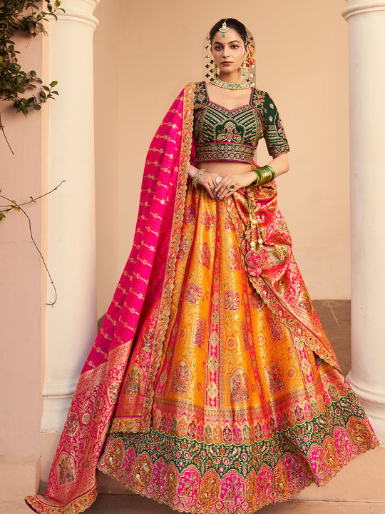 MULTICOLOR BANARASI SILK WITH ZARKAN CODDING WORK  LEHENGA CHOLI