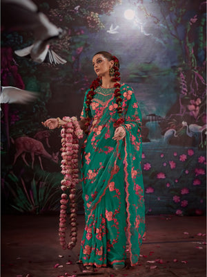 Gold Simmer Multi Thread Work Embroidered Saree