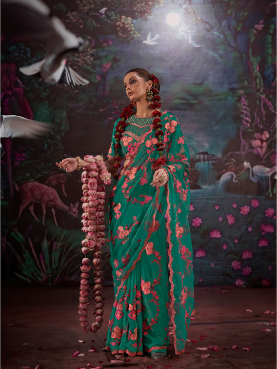 Gold Simmer Multi Thread Work Embroidered Saree