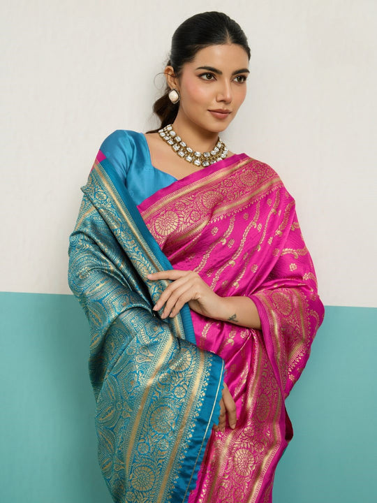 Running Contrast Blouse With Sleeve Patta Banarasi Silk Saree