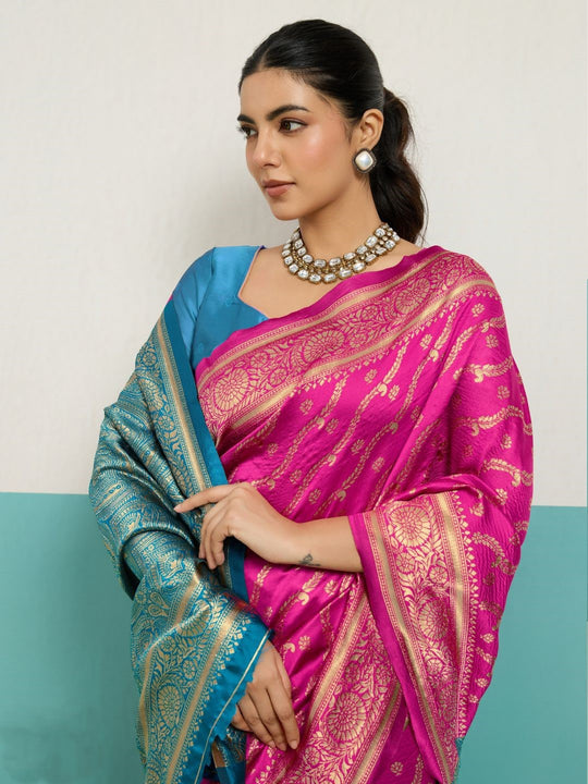 Running Contrast Blouse With Sleeve Patta Banarasi Silk Saree