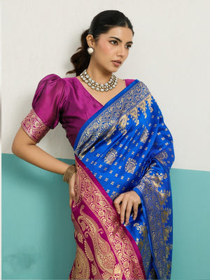 Running Contrast Blouse With Sleeve Patta Banarasi Silk Saree