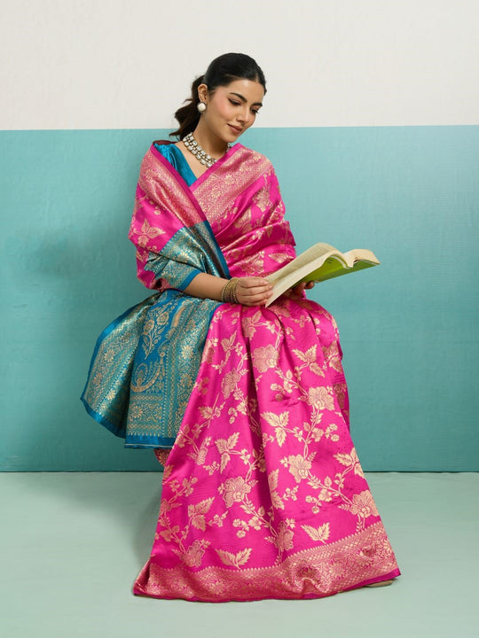 Running Contrast Blouse With Sleeve Patta Banarasi Silk Saree