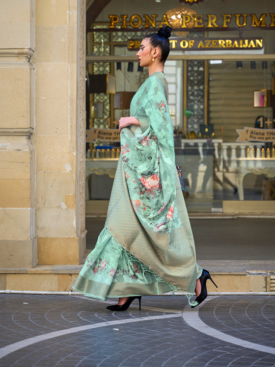 Green Printed Poly Brasso Saree With Blouse Piece