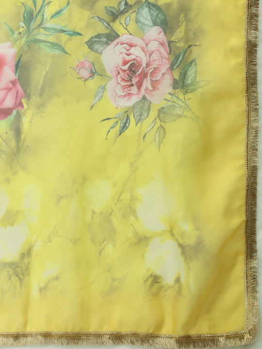 Floral Embroidered V-Neck Three-Quarter Sleeves Silk Chiffon Kurta Set