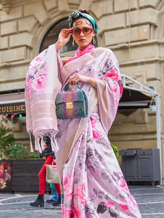 Pink Silk Printed Saree With Blouse Piece