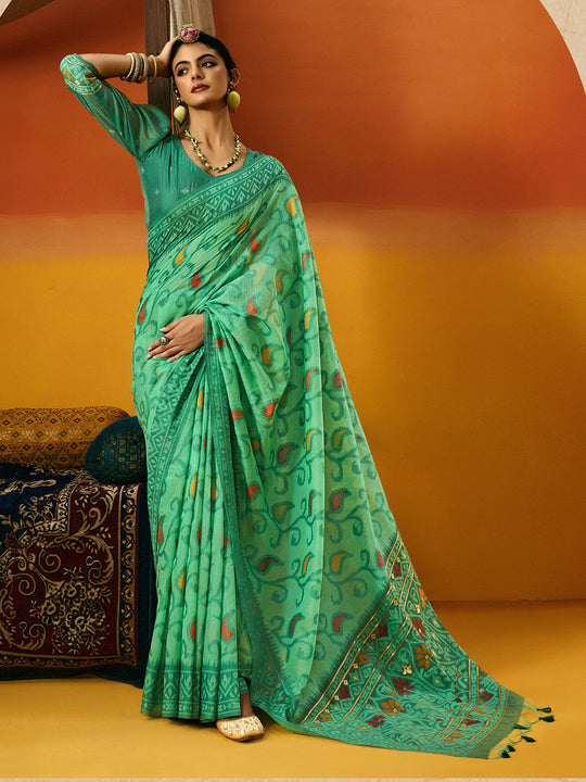 Green Cotton Blend Jamdani Saree With Blouse Piece
