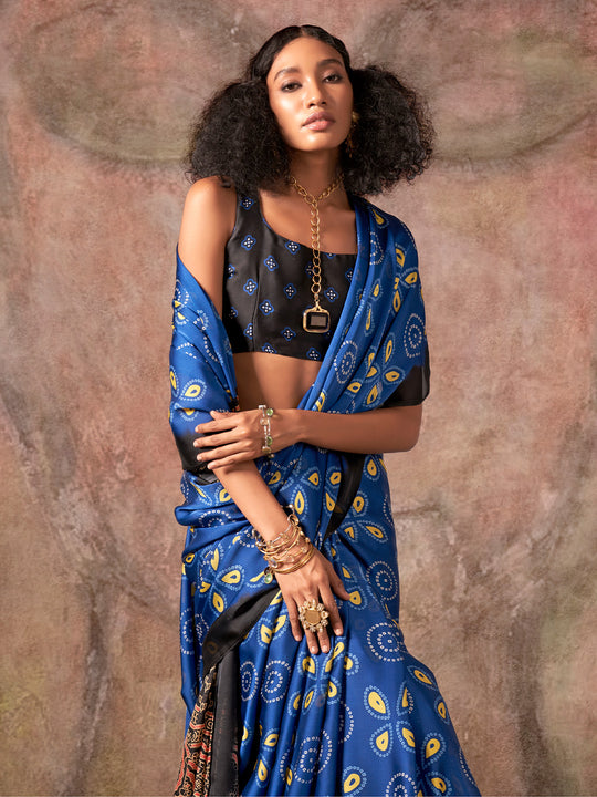 Violet Ajarakh Print Satin Georgette Saree With Blouse Piece