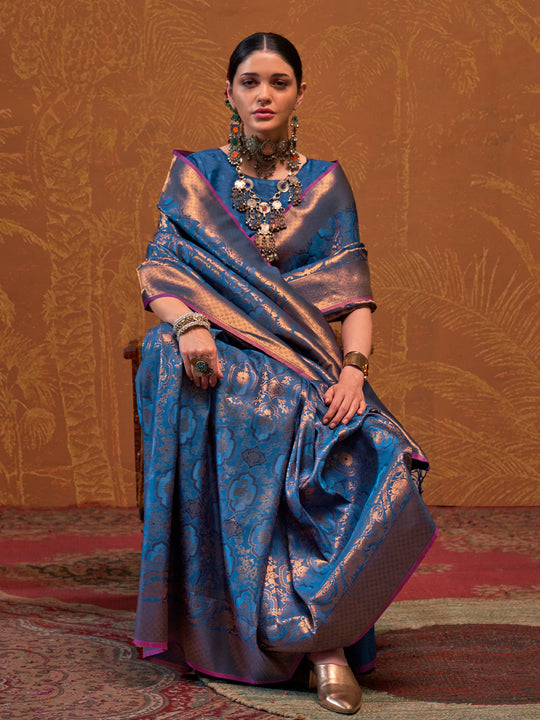 Blue Handloom Weaving Silk Saree With Blouse Piece