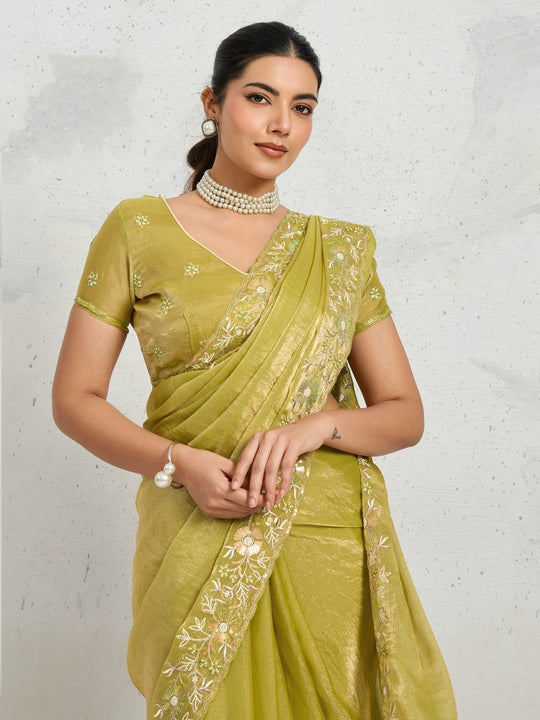 Chiffon Velvet Broad C-Pallu Embroidered(Dual-Tone Zari, Overlay Sequins,Threads)