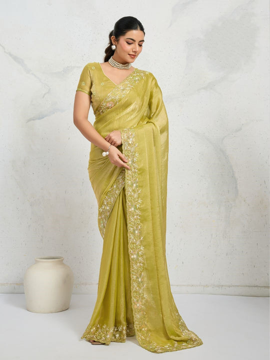 Chiffon Velvet Broad C-Pallu Embroidered(Dual-Tone Zari, Overlay Sequins,Threads)