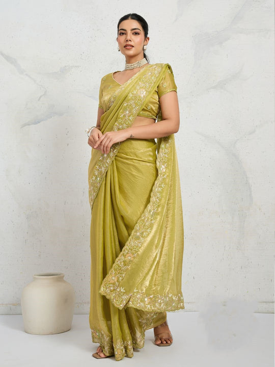 Chiffon Velvet Broad C-Pallu Embroidered(Dual-Tone Zari, Overlay Sequins,Threads)