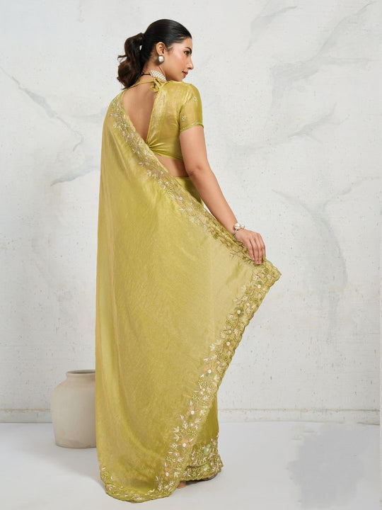 Chiffon Velvet Broad C-Pallu Embroidered(Dual-Tone Zari, Overlay Sequins,Threads)