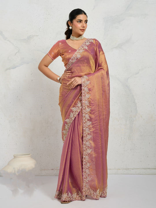 Chiffon Velvet Broad C-Pallu Embroidered(Dual-Tone Zari, Overlay Sequins,Threads)