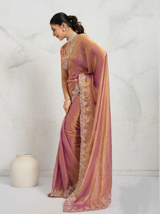 Chiffon Velvet Broad C-Pallu Embroidered(Dual-Tone Zari, Overlay Sequins,Threads)