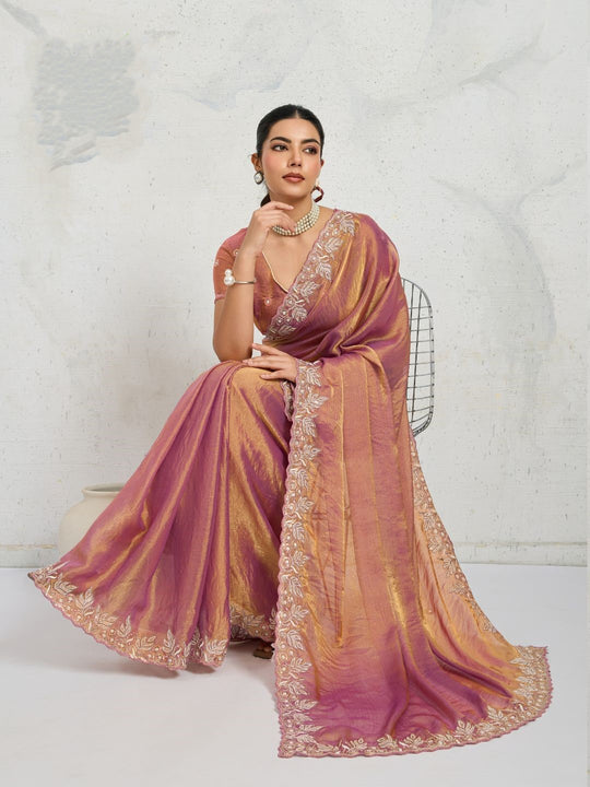 Chiffon Velvet Broad C-Pallu Embroidered(Dual-Tone Zari, Overlay Sequins,Threads)