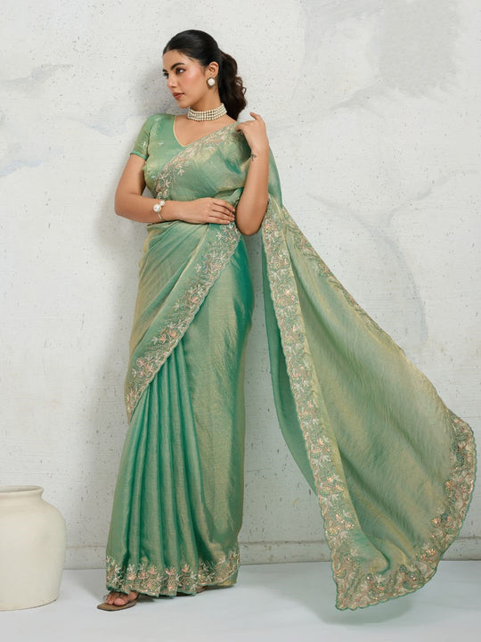 Chiffon Velvet Broad C-Pallu Embroidered(Dual-Tone Zari, Overlay Sequins,Threads)