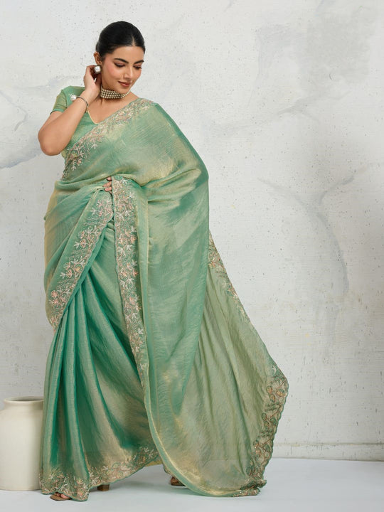 Chiffon Velvet Broad C-Pallu Embroidered(Dual-Tone Zari, Overlay Sequins,Threads)