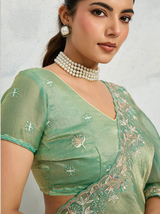Chiffon Velvet Broad C-Pallu Embroidered(Dual-Tone Zari, Overlay Sequins,Threads)