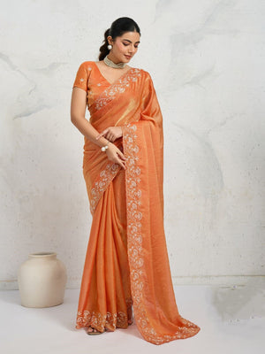 Chiffon Velvet Broad C-Pallu Embroidered(Dual-Tone Zari, Overlay Sequins,Threads)