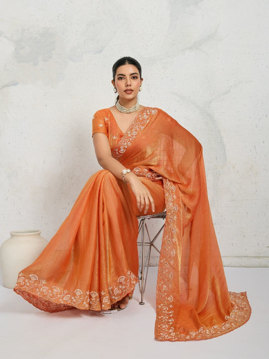 Chiffon Velvet Broad C-Pallu Embroidered(Dual-Tone Zari, Overlay Sequins,Threads)
