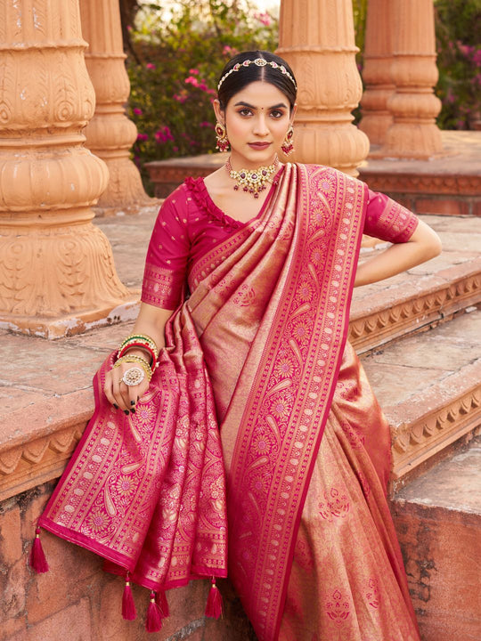 Pink Soft Banarasi Silk With Gold Zari Weaving With Zhallar Saree With Blouse Piece