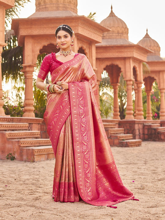 Pink Soft Banarasi Silk With Gold Zari Weaving With Zhallar Saree With Blouse Piece