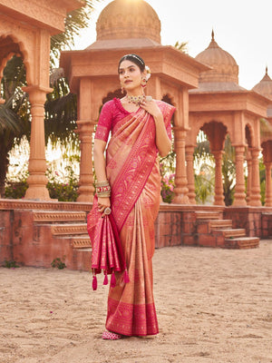 Pink Soft Banarasi Silk With Gold Zari Weaving With Zhallar Saree With Blouse Piece